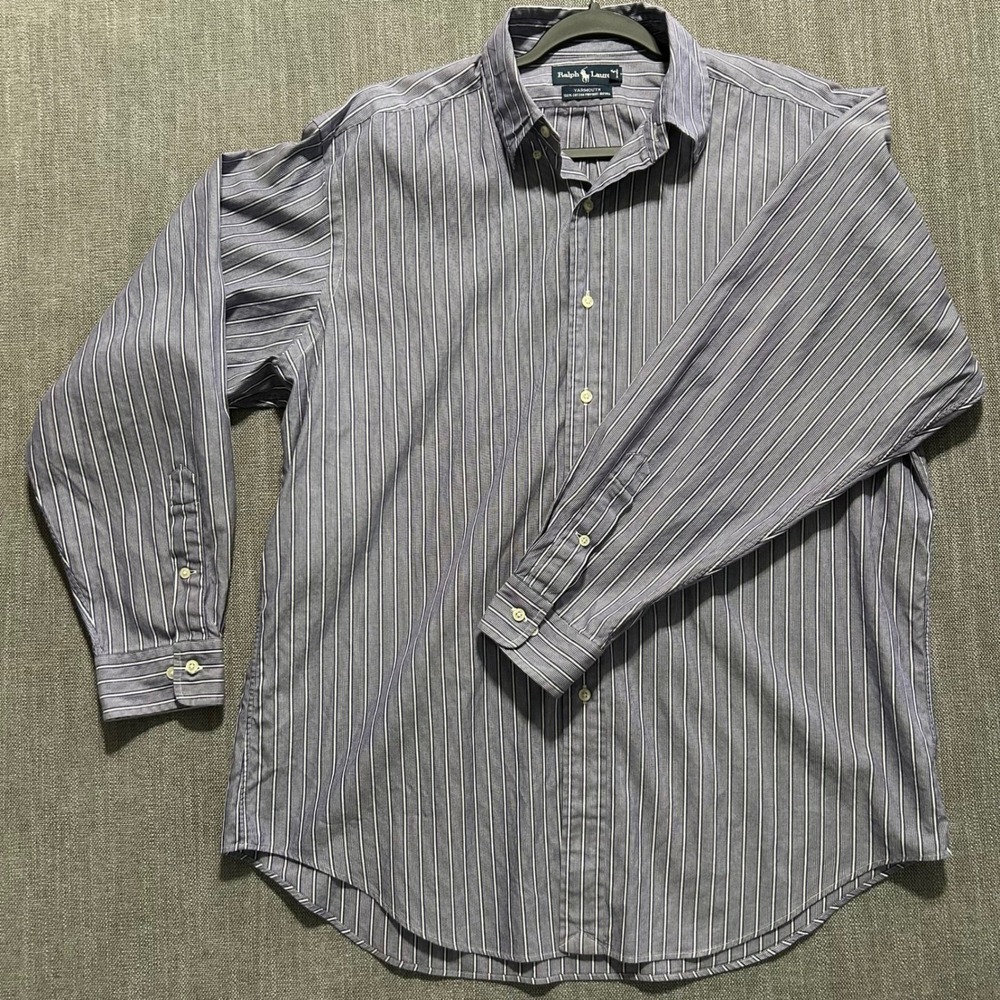 Ralph Lauren Button Down Mens 16.5 34/35 Blue Striped Yarmouth Pinpoint Oxford